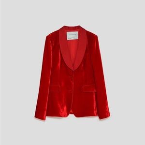 Zara Bright Red Velvet Shawl-Collar Blazer